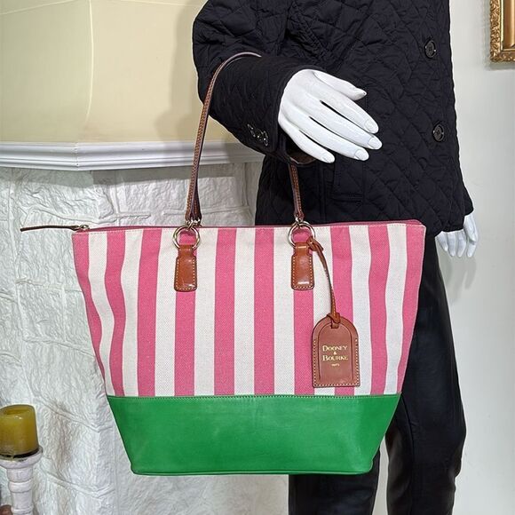Dooney & Bourke O Ring Tote Bag Pink & White Canvas & Leather - Picture 1 of 17